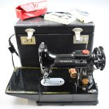 Singer 222K red S sewing machine, in original carry case with accessories