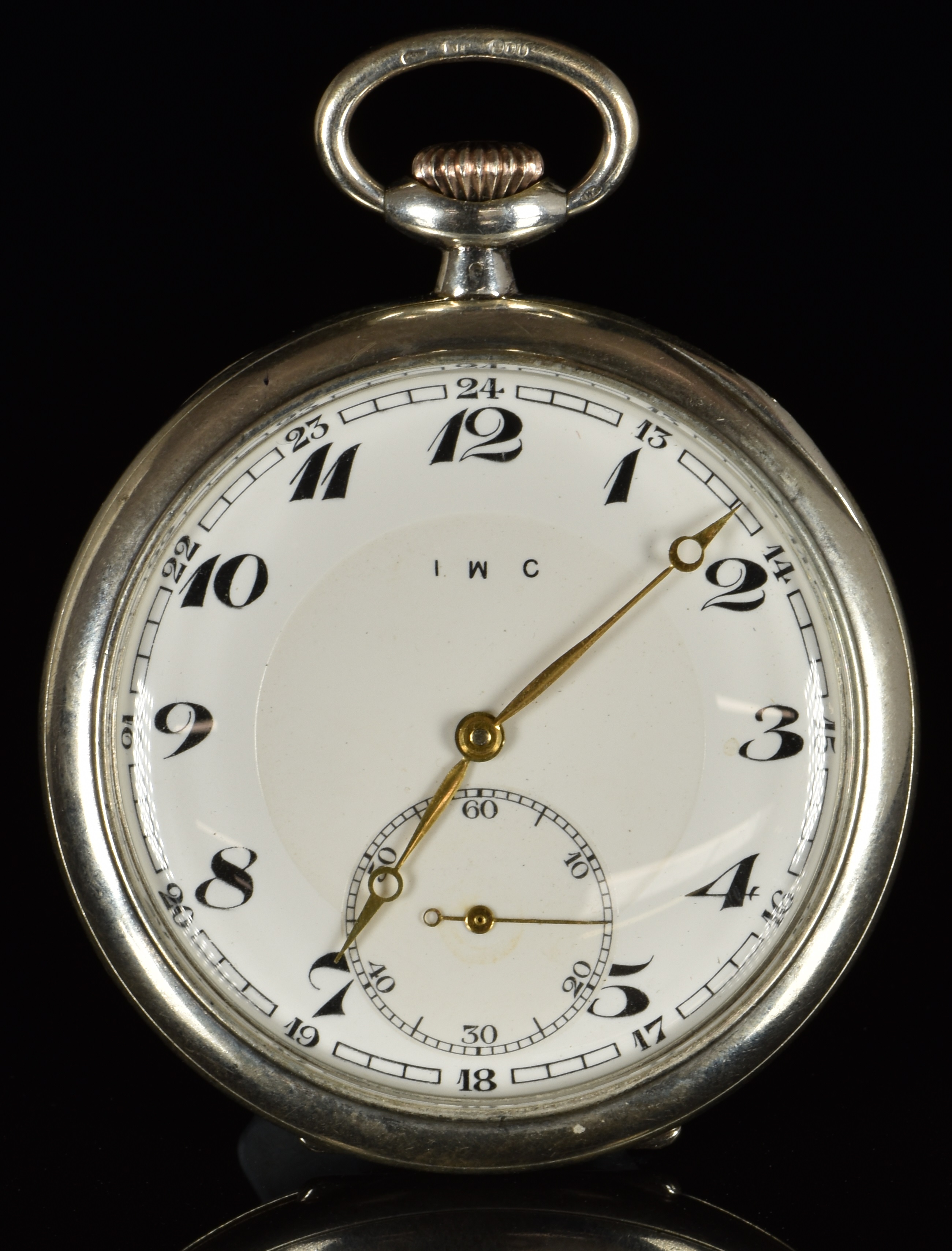 International Watch Company (IWC) silver keyless winding open faced pocket watch with subsidiary