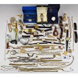 A collection of costume jewellery and watches including Rotary, Avia, Timex, 9ct gold chain (2.