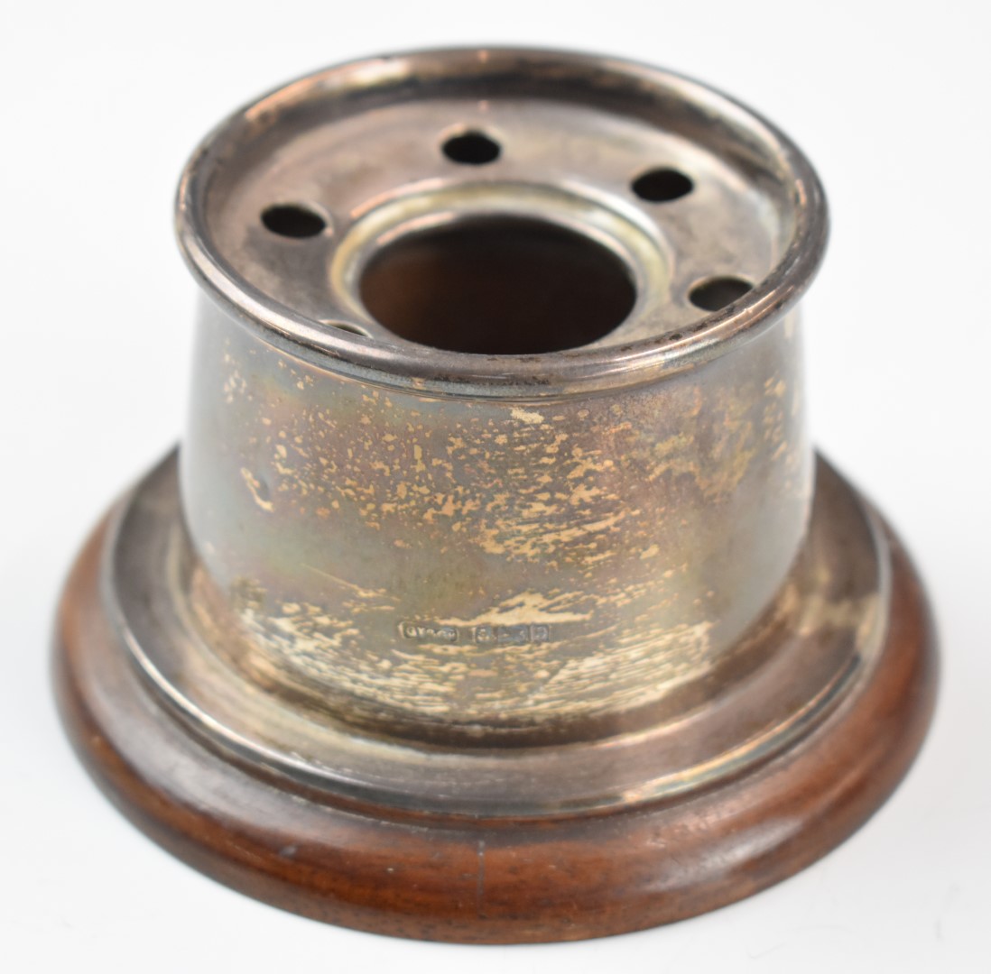 Edward VII hallmarked silver castle inkwell, on wooden base, Birmingham 1904, Grey & Co, diameter