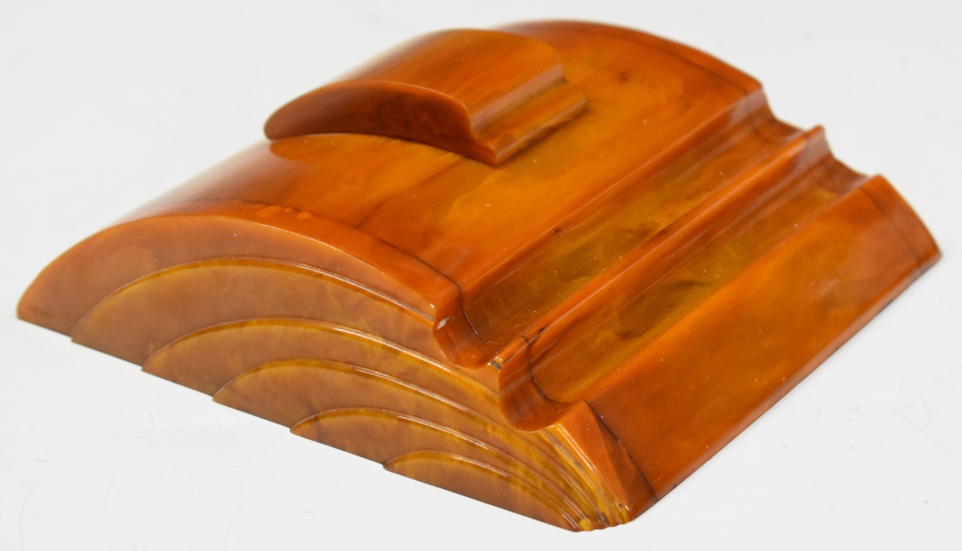 Cavacraft Art Deco Bakelite inkwell / standish with sliding cover in a faux amber effect finish, - Image 2 of 4
