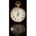 Unnamed 14ct gold keyless winding open faced pocket watch with blued hands, black Roman numerals,