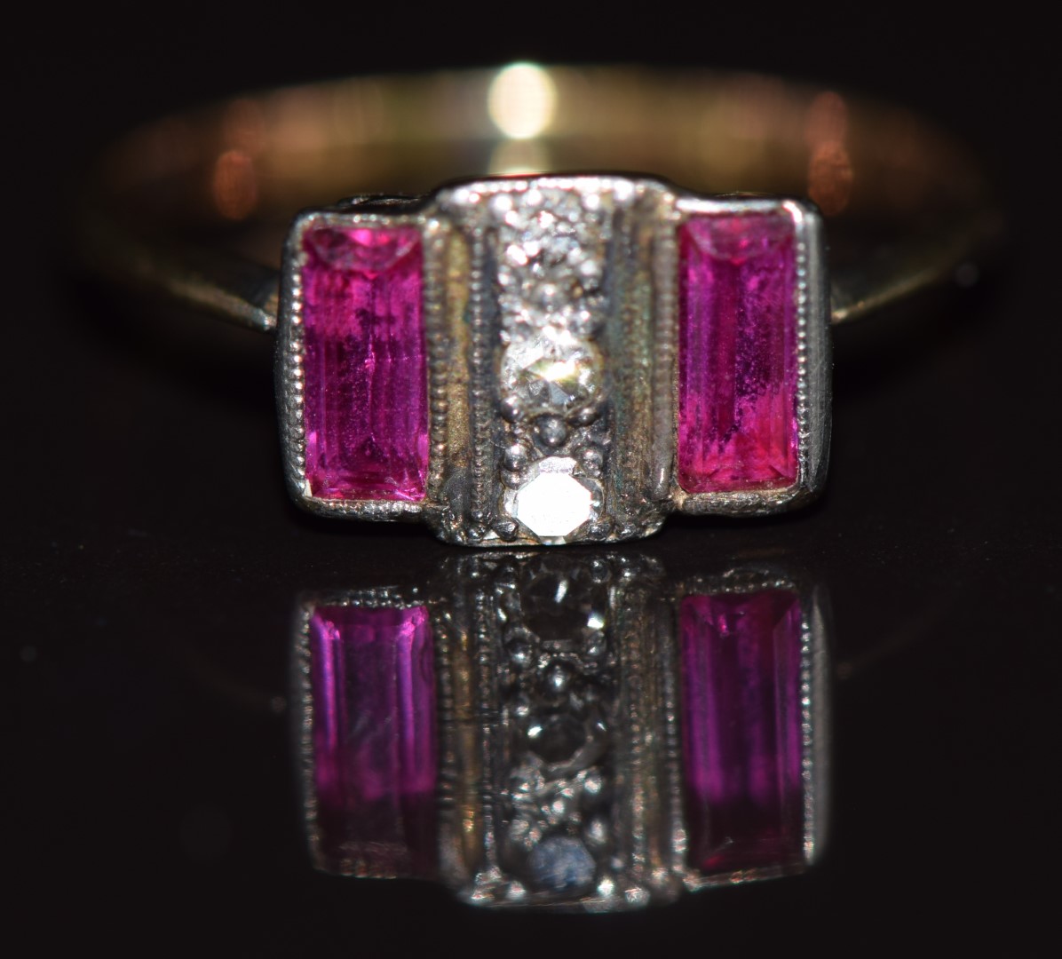 Art Deco 18ct gold ring set with synthetic rubies and old cut diamonds, 1.6g, size I