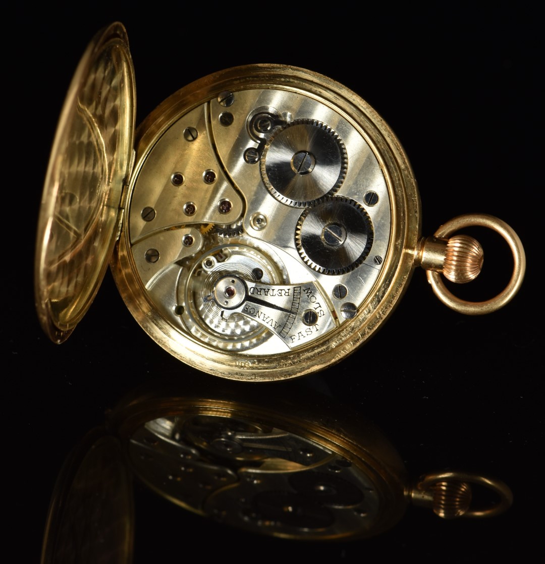 Unnamed 14ct gold keyless winding open faced pocket watch with inset subsidiary seconds dial, - Image 3 of 3