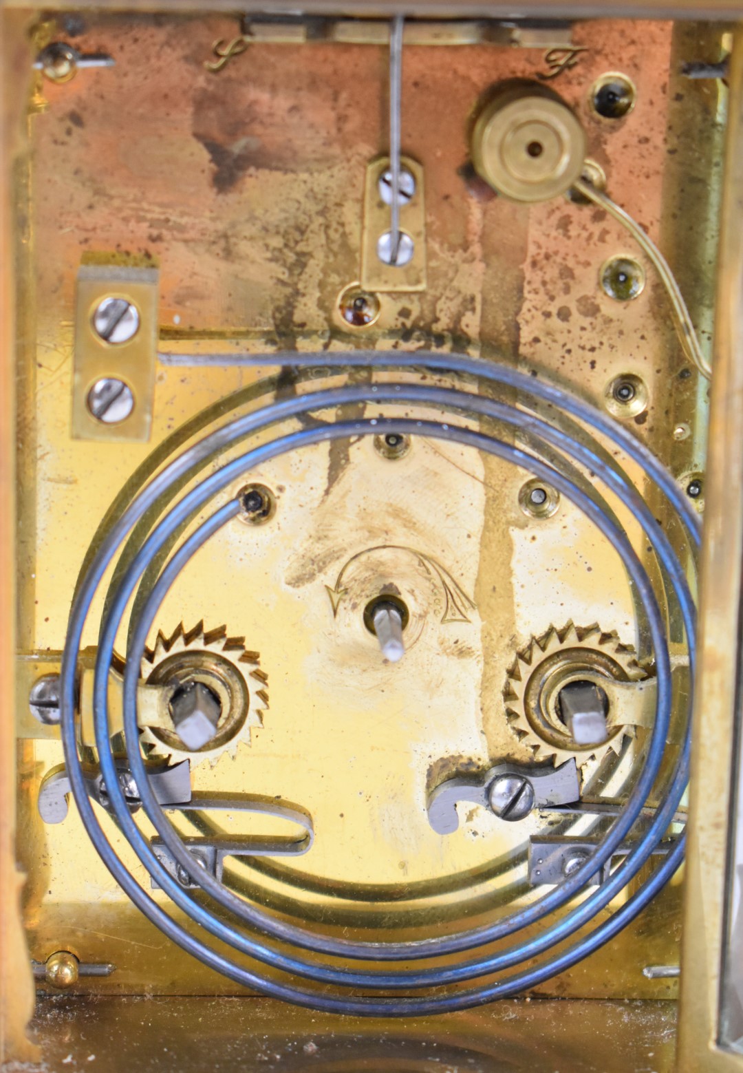 19th or early 20thC gilt brass cased repeating carriage clock, with enamel decoration to the dial, - Image 5 of 8