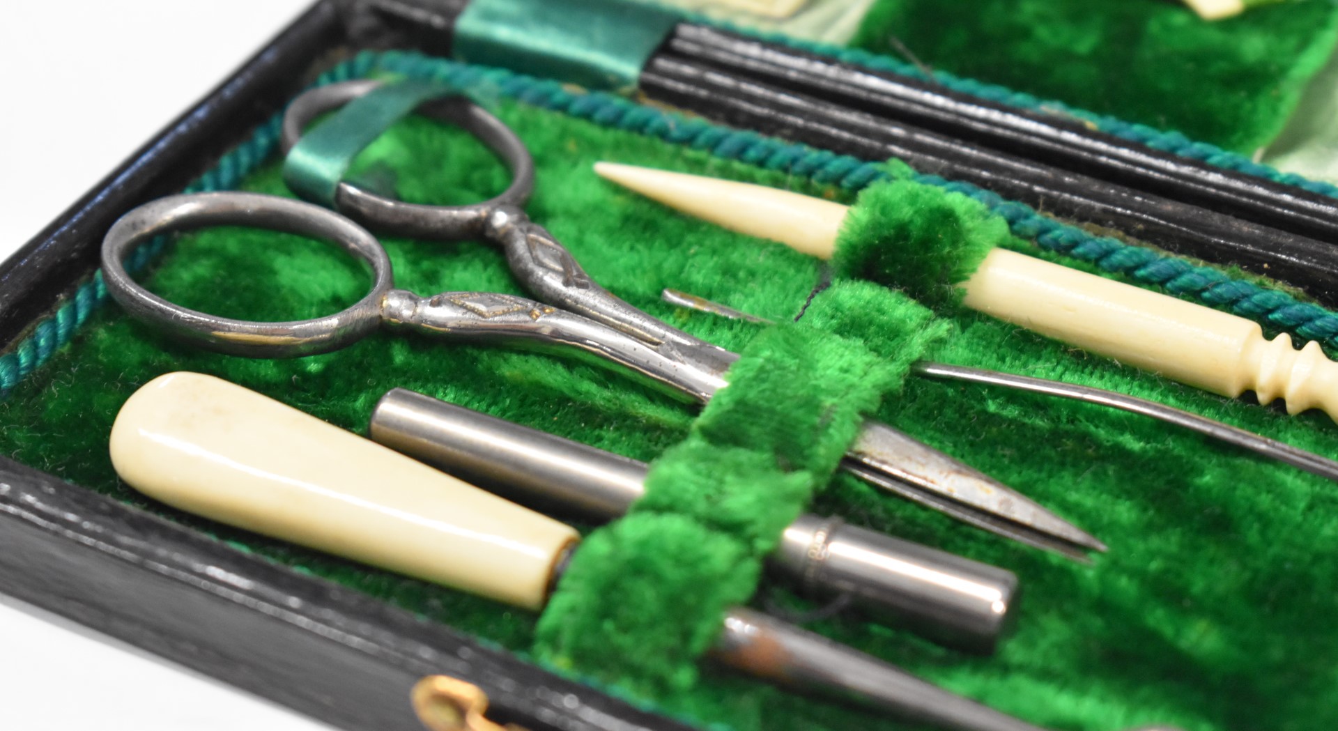 Two cased 19th or early 20th century sewing sets, with cut steel scissors and bone handled tools, - Image 6 of 7