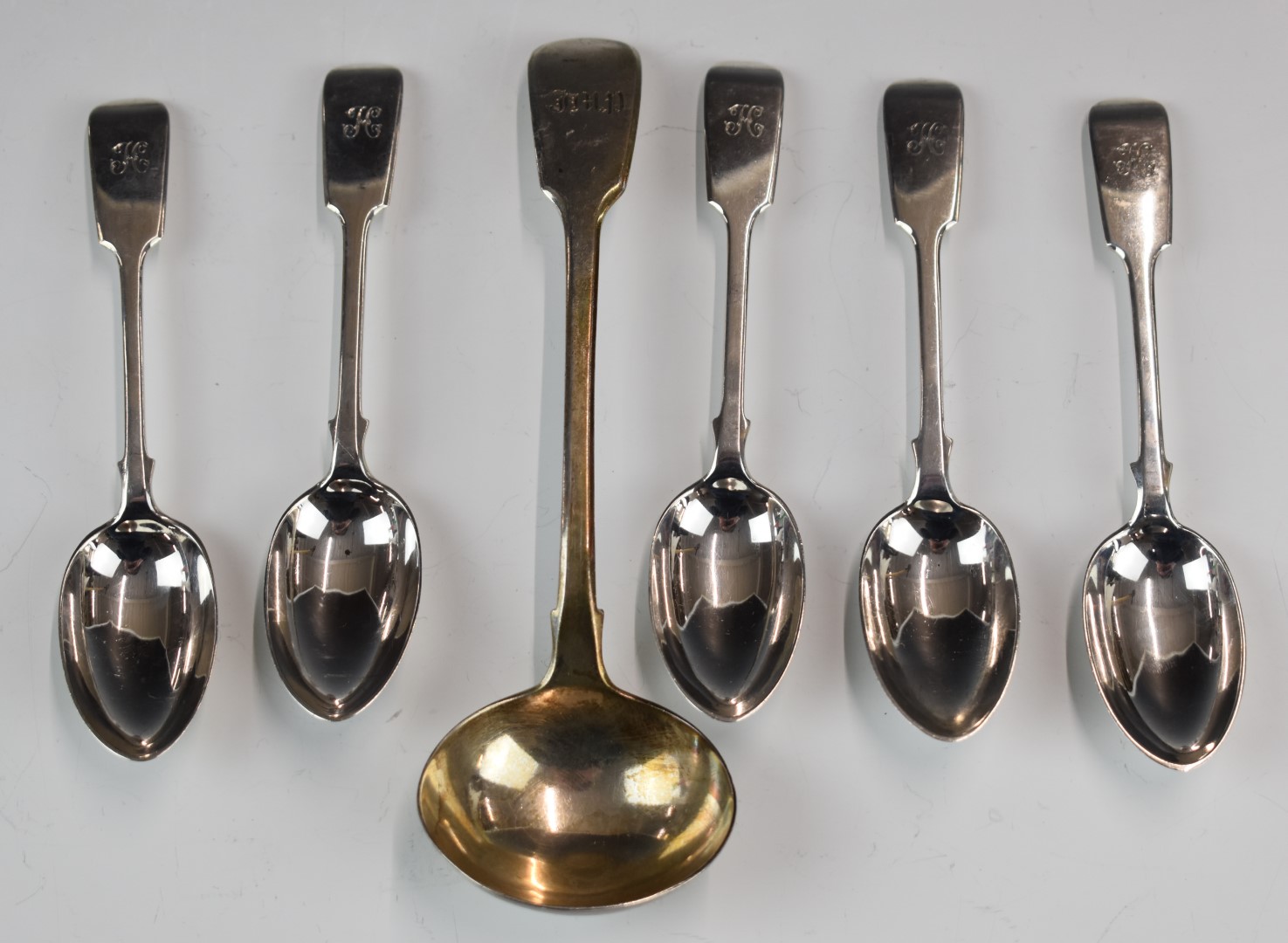 Victorian hallmarked silver fiddle pattern cutlery comprising sauce ladle, London 1837, maker Mary