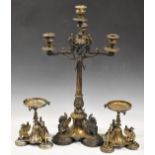 Silver plated candelabra garniture with figural griffin decoration, height 61cm
