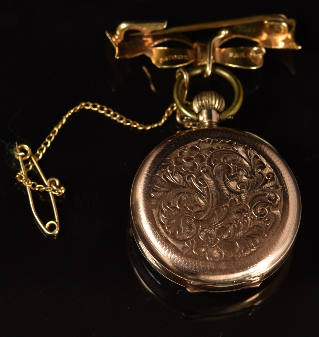 Unnamed 9ct gold keyless winding open faced pocket watch with gold hands, black Roman numerals, - Image 2 of 2
