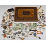 A collection of costume jewellery including vintage brooches, 9ct gold ring mount (3g), silver