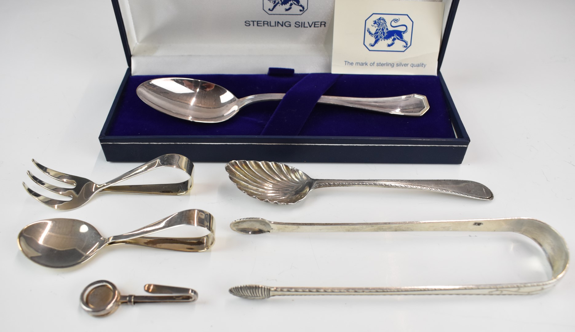 Georgian and later hallmarked silver cutlery including a pair of bright cut sugar nips, baby's spoon - Image 2 of 6