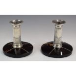 Art Deco pair of hallmarked silver and tortoiseshell candlesticks, with reeded columns and inlaid