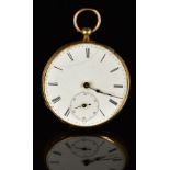 Yellow metal keyless winding open faced pocket watch with inset subsidiary seconds dial, blued