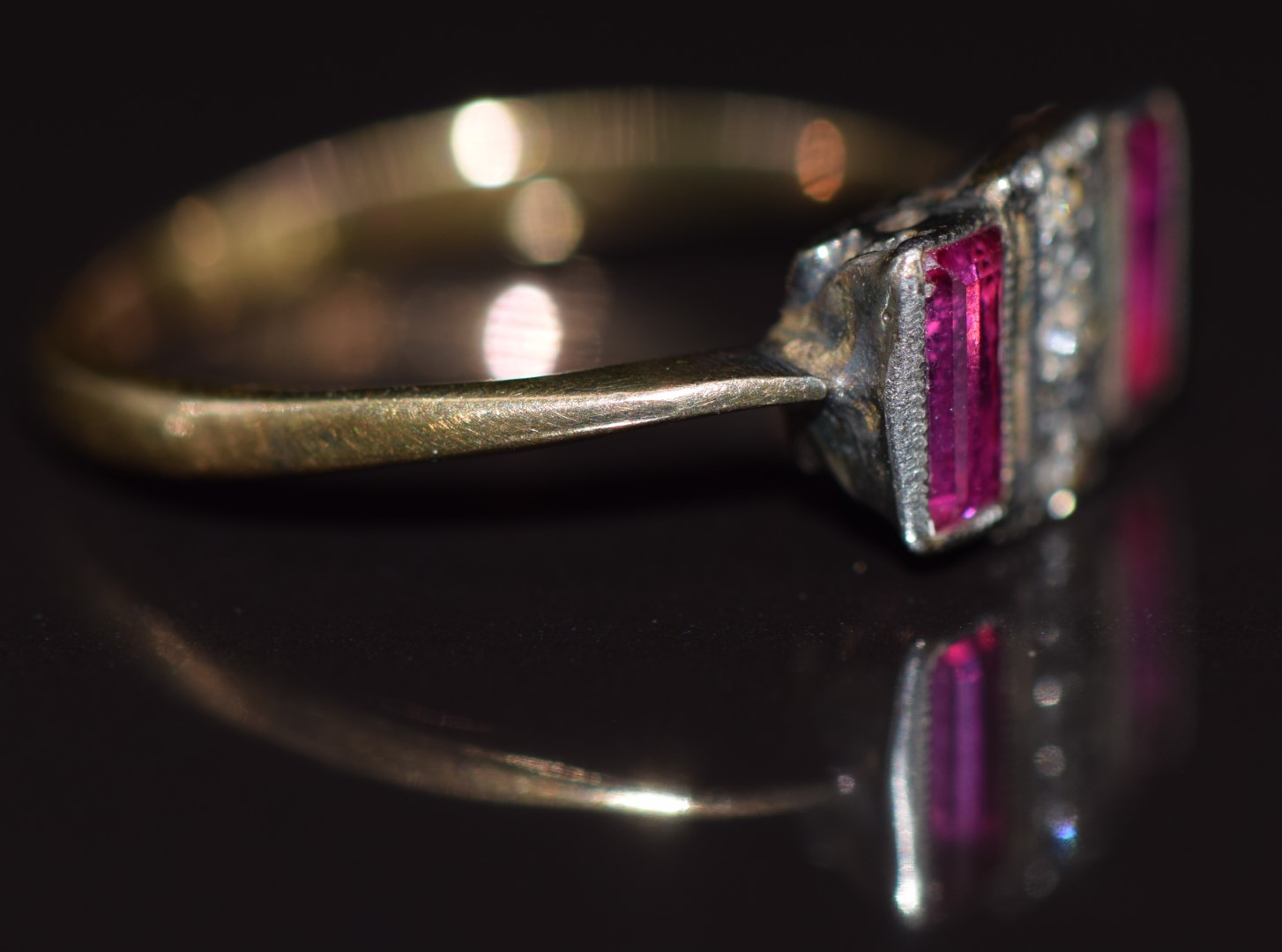 Art Deco 18ct gold ring set with synthetic rubies and old cut diamonds, 1.6g, size I - Image 2 of 2