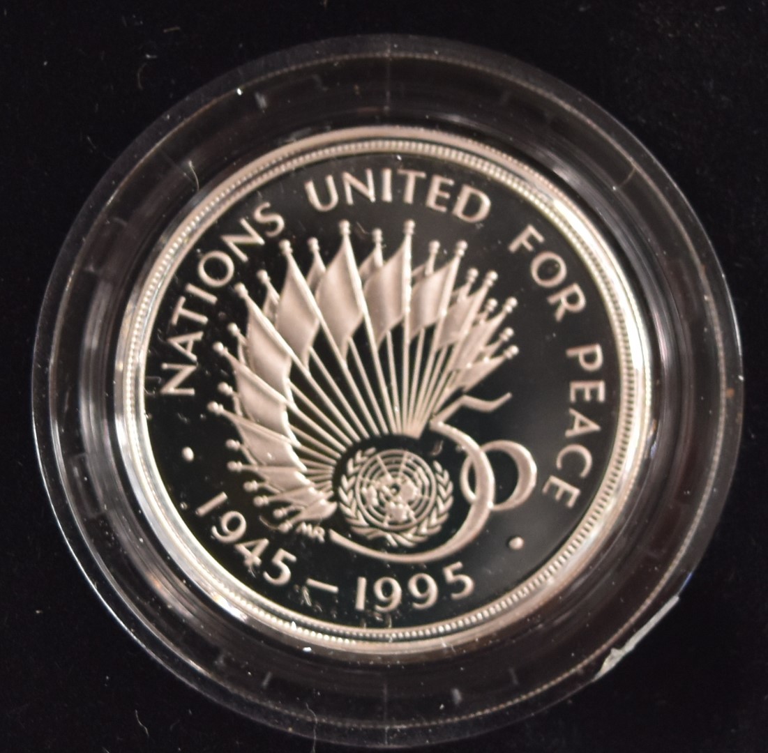 Six Royal Mint silver proof coins comprising a United Nations Anniversary piedfort, a Queen Mother - Image 6 of 7