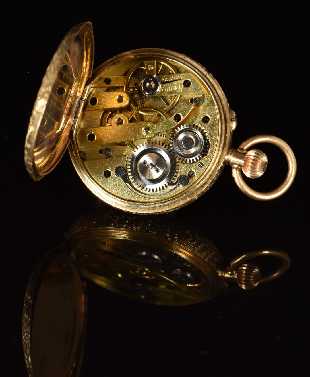 Unnamed 14ct gold keyless winding open faced pocket watch with blued hands, black Roman numerals, - Image 3 of 3