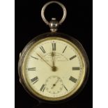 Kendall & Dent hallmarked silver open faced pocket watch with gold hands, black Roman numerals,