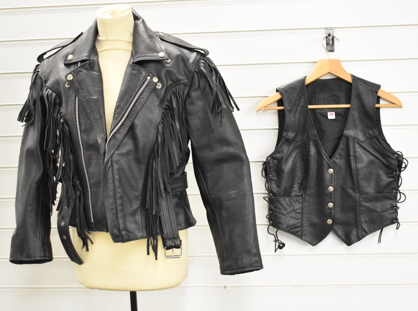 Hunter Class fringed leather motorcycle jacket and a waistcoat by Heavy Duty Leather Company, both