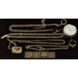 SIlver open faced pocket watch together with four chains, a filigree bracelet and buckle ring.