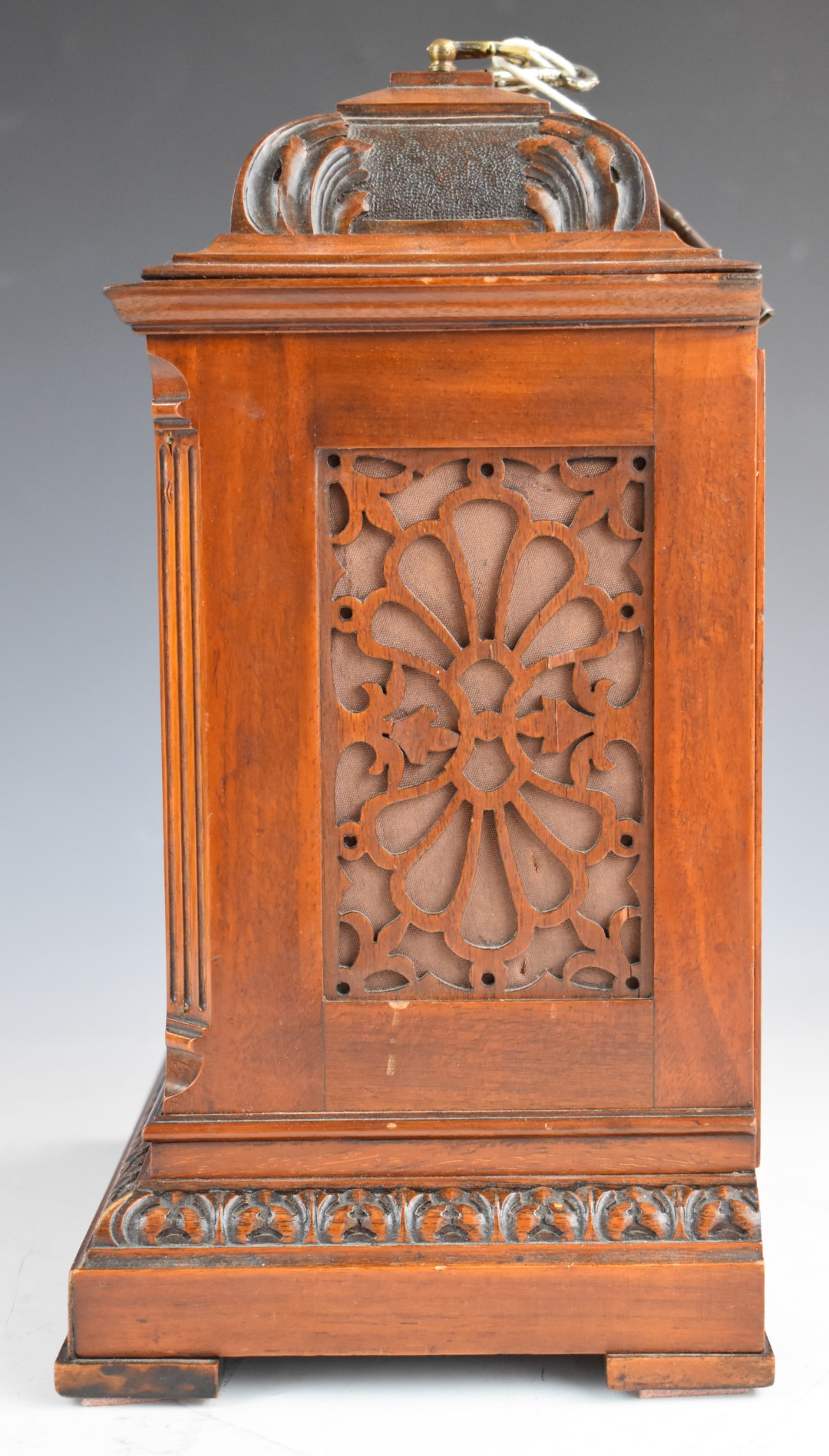 19th or early 20thC mahogany bracket clock with carved decoration, the silvered dial having slow and - Image 4 of 10