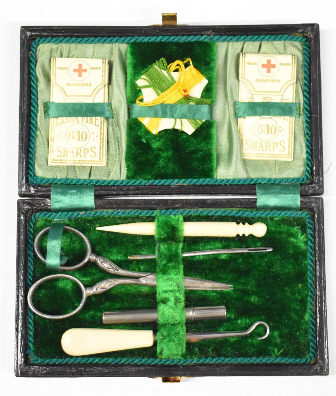 Two cased 19th or early 20th century sewing sets, with cut steel scissors and bone handled tools, - Image 3 of 7