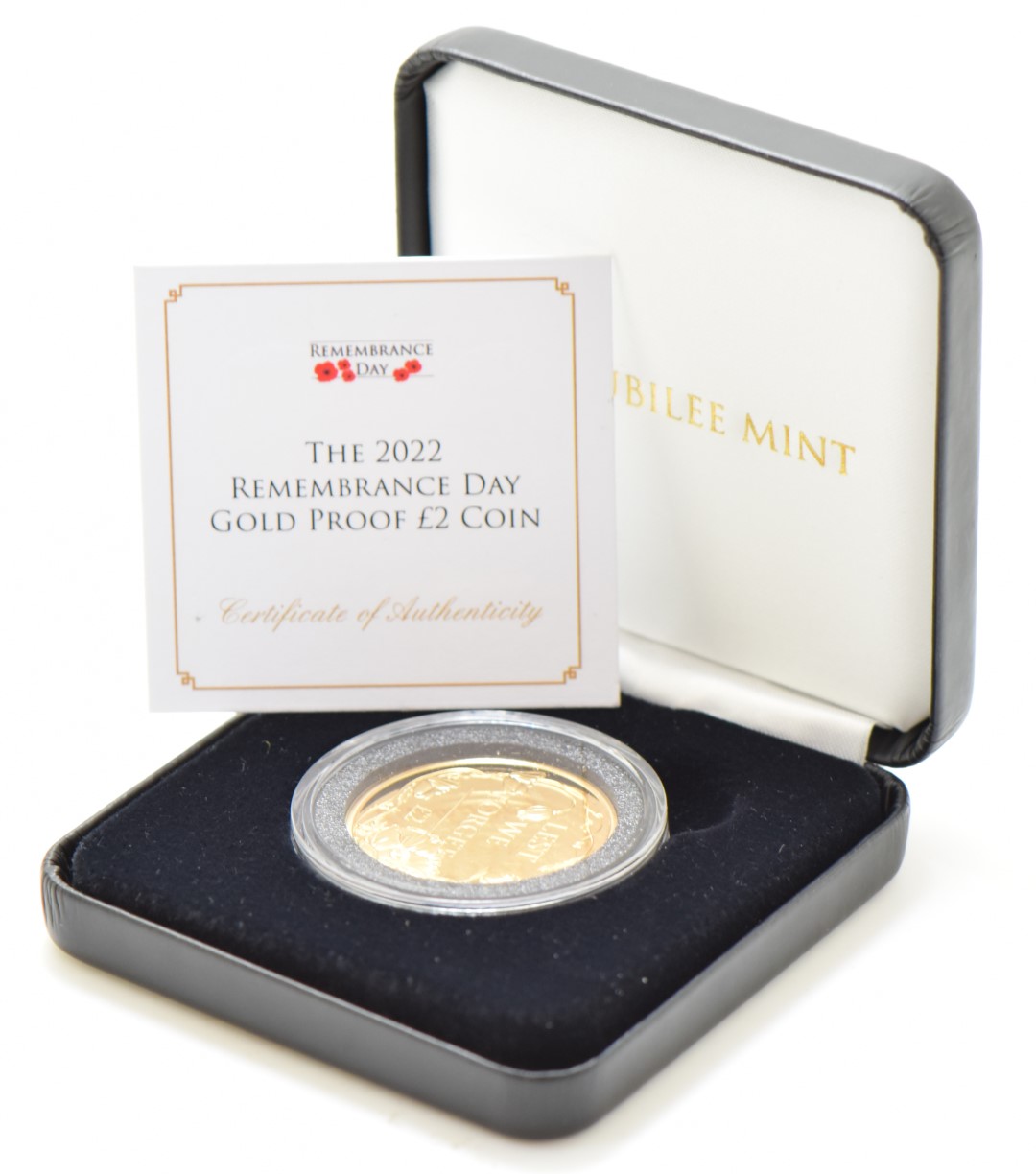 Jubilee Mint 2022 gold proof £2 coin commemorating Remembrance Day, obverse Queen Elizabeth II