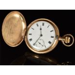 Waltham gold plated keyless winding full hunter pocket watch with inset subsidiary seconds dial,