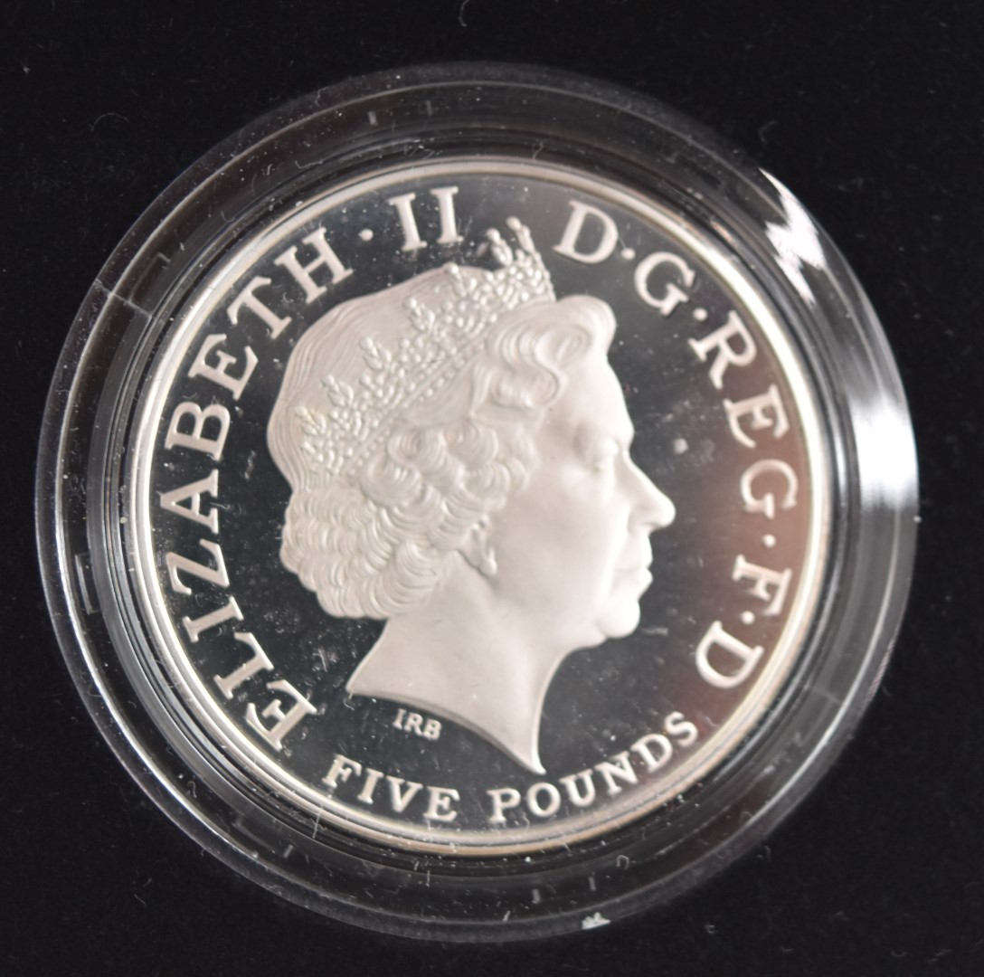 Four Royal Mint £5 silver proof coins comprising a 2011 Prince Philip, a 2008 Queen Elizabeth, a - Image 4 of 5
