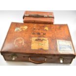 Harrods vintage leather suitcase with Lily Brook Hotel, Cheltenham, and Nice 1937 labels, 66 x 40