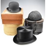 Vintage jockey's cap by Walter Barnard and Son, in hat tin, bowler hat in vintage cardboard box