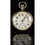 Bravingtons keyless winding open faced military pocket watch with inset subsidiary seconds dial,