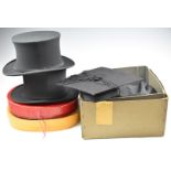 Two collapsible top hats in boxes including Selfridges, and a gown and Christys' mortar board of