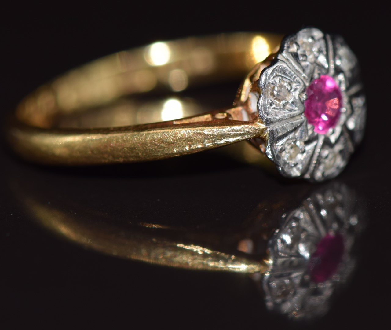 Art Deco 18ct gold ring set with a ruby and diamonds, 2.7g, size K - Image 2 of 2