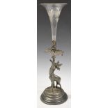 James Deakin & Son novelty silver plated or pewter trumpet vase, with etched glass trumpet, the base