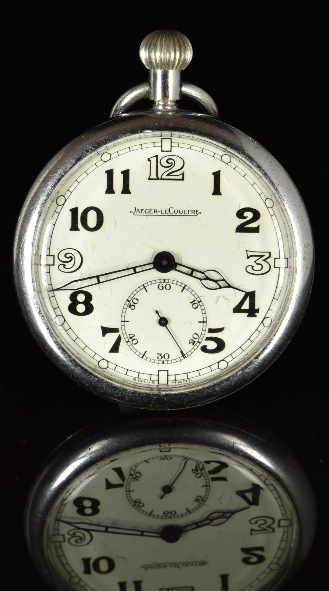 Jaeger LeCoultre keyless winding open faced military pocket watch with inset subsidiary seconds