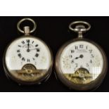 Two Hebdomas patent silver keyless winding open faced pocket watches each with visible escapement,