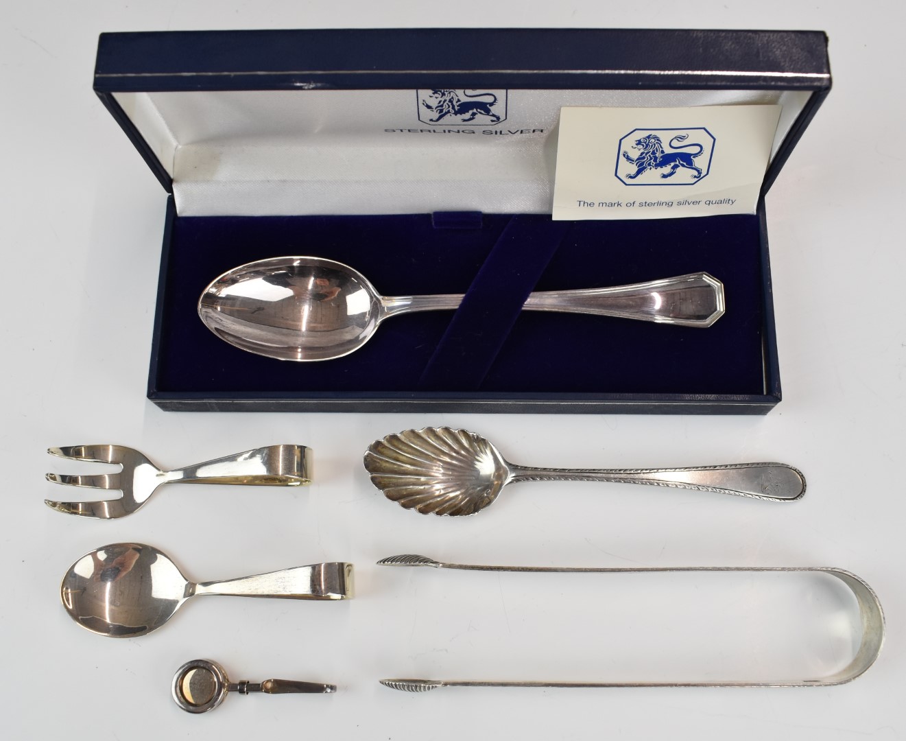 Georgian and later hallmarked silver cutlery including a pair of bright cut sugar nips, baby's spoon - Image 3 of 6