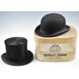 Silk top hat by Tress & Co, in hat box, together with a bowler hat