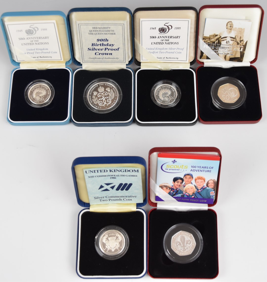 Six Royal Mint silver proof coins comprising a United Nations Anniversary piedfort, a Queen Mother