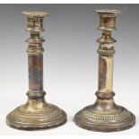 Pair of 19thC Mathew Boulton plated extendable candlesticks with corkscrew mechanism, height 22cm,