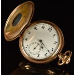 English gold plated keyless winding half hunter pocket watch with inset subsidiary seconds dial,