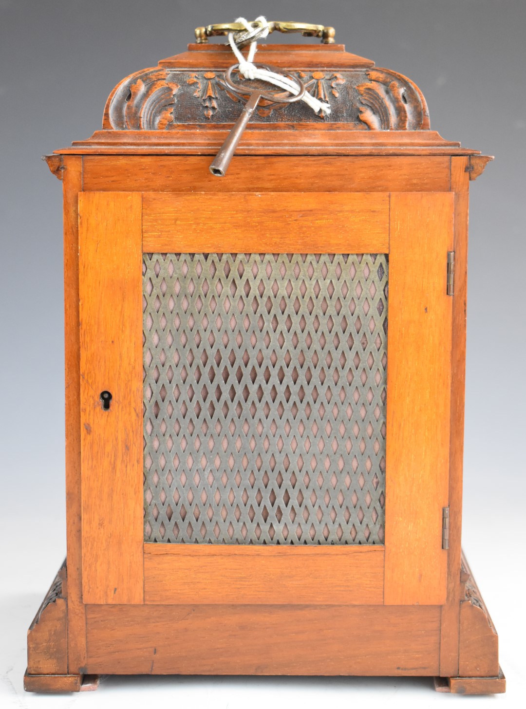 19th or early 20thC mahogany bracket clock with carved decoration, the silvered dial having slow and - Image 5 of 10