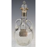 Edward VII hallmarked silver mounted cut glass three handled decanter, Birmingham 1904, maker J