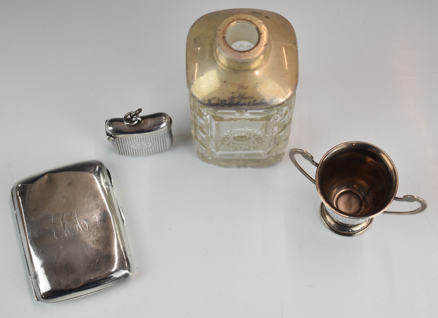 Hallmarked silver items comprising vesta case, cigarette case, miniature twin handled trophy cup and - Image 2 of 8