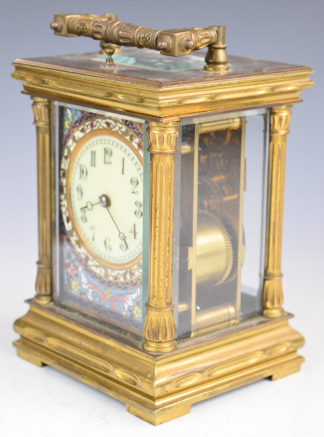 19th or early 20thC gilt brass cased repeating carriage clock, with enamel decoration to the dial, - Image 2 of 8