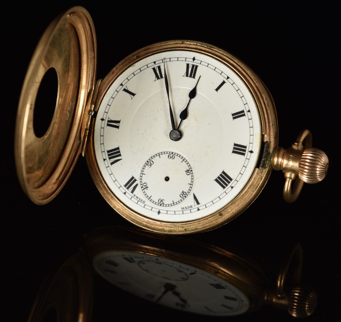 Pluto 9ct gold keyless winding half hunter pocket watch with subsidiary seconds dial, blued hands,