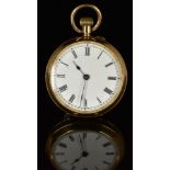 Unnamed 18ct gold keyless winding open faced pocket watch with blued hands, black Roman numerals,