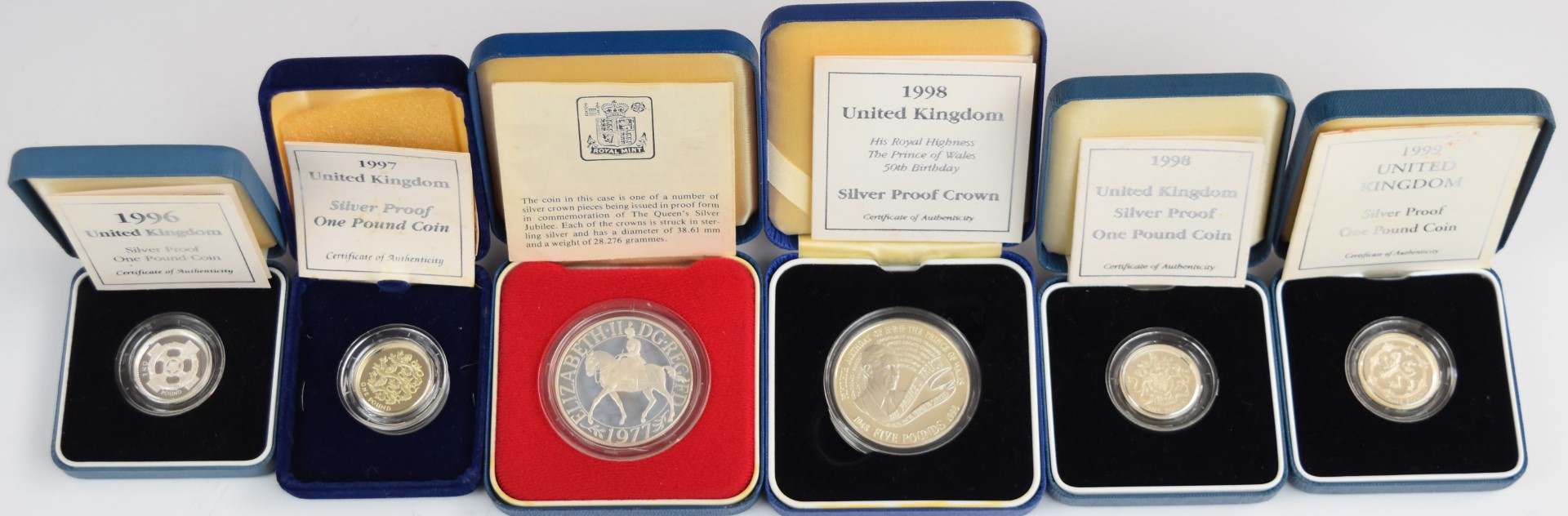 Six Royal Mint silver proof coins comprising 1996,1997,1998 and 1999 £1 and 1977 and 1998 crowns,