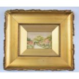 Miniature embroidery picture of a flower in a walled garden, in gilt frame, 5.5 x 8.5cm, overall