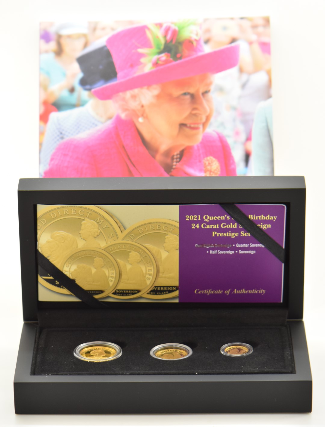 Hattons of London 2021 three coin proof gold sovereign set commemorating Queen Elizabeth II 95th